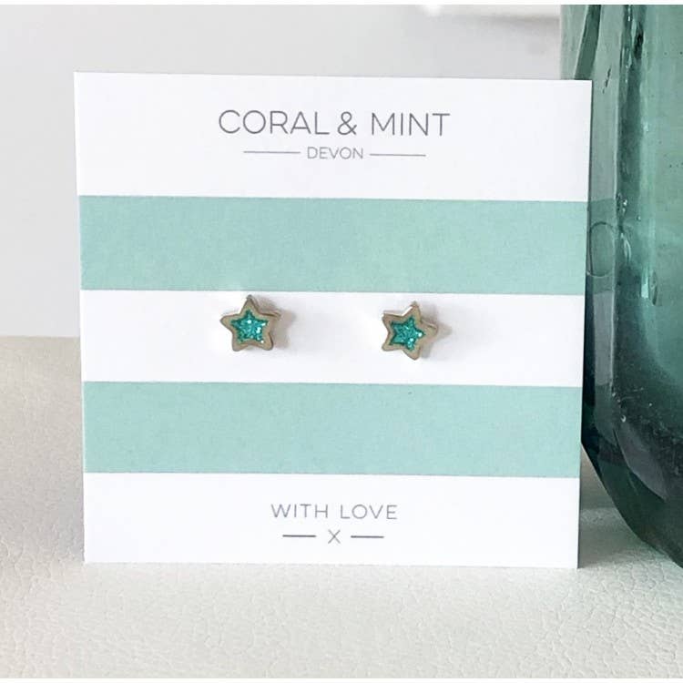 Coral and Mint - Turquoise Enamel Star Studs
