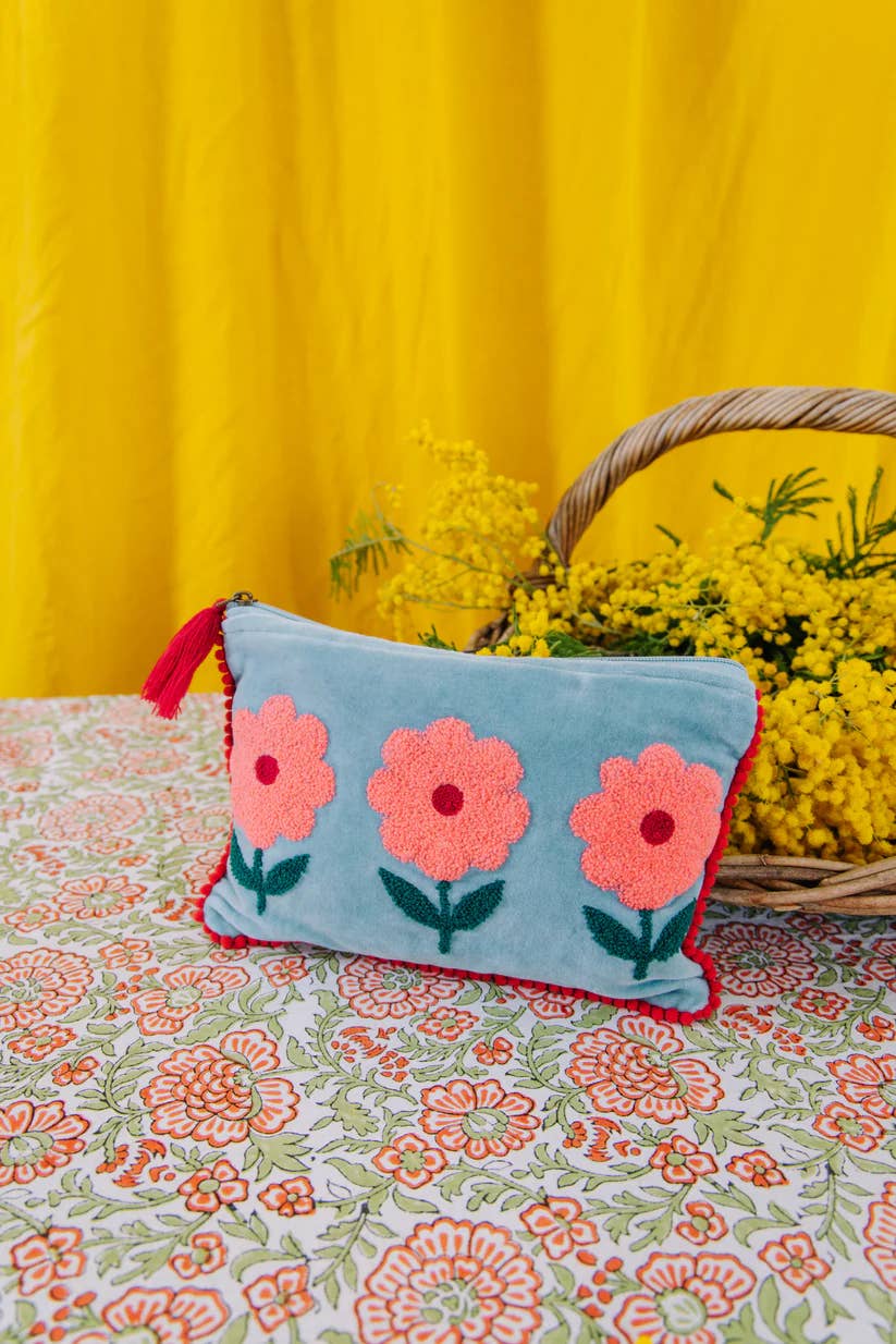 Pink Lemons Ltd - Velvet Triple Flower Pouch - Pink & Aqua: Large