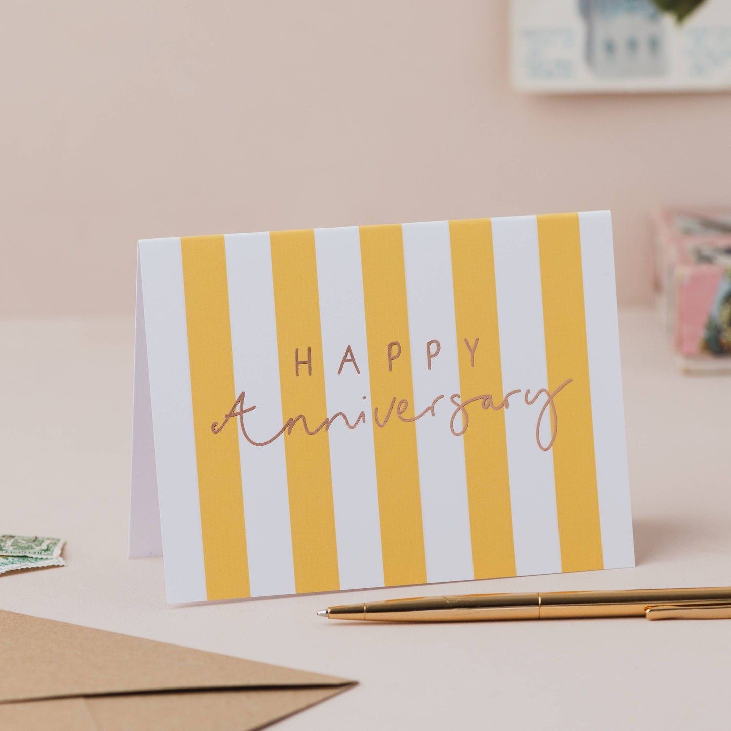 Oh Squirrel - 'Happy Anniversary' Yellow Stripe Hand Lettered Card: Cellophane