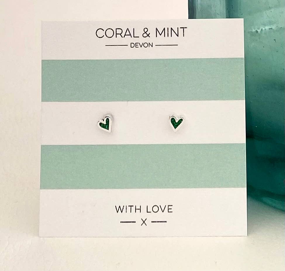 Coral and Mint - Mini Heart Studs - Emerald Sparkle Enamel