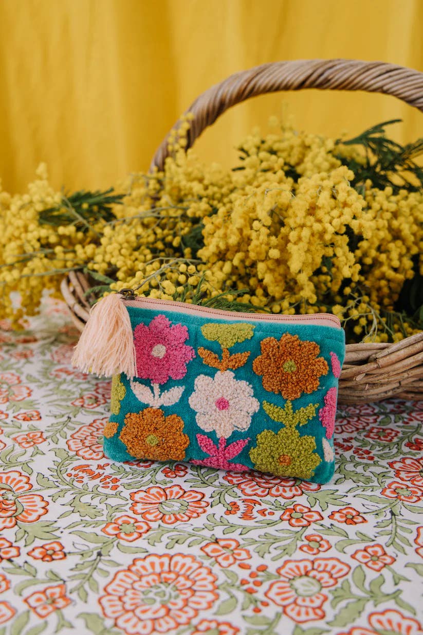 Pink Lemons Ltd - Velvet Multiflowered Pouch - Aqua: Large