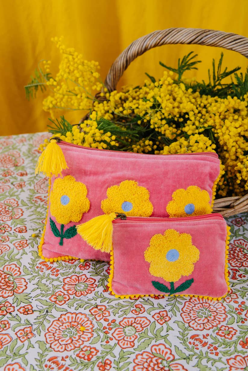 Pink Lemons Ltd - Velvet Single Flower Pouch - Pink & Yellow: Small