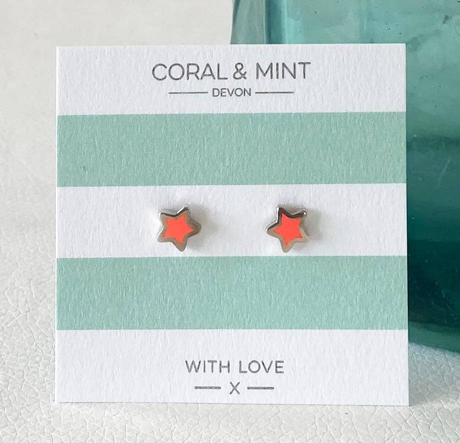 Coral and Mint - Neon Coral enamel Star Studs