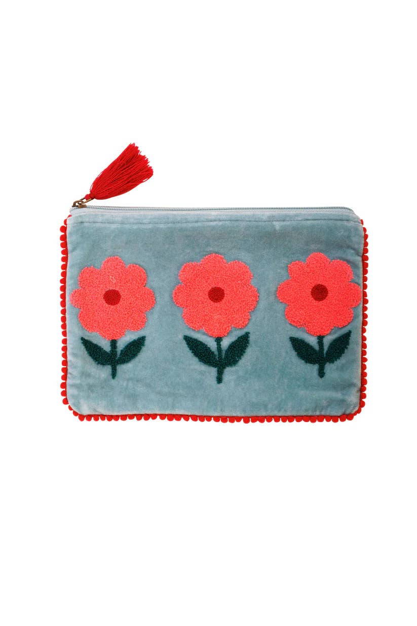 Pink Lemons Ltd - Velvet Triple Flower Pouch - Pink & Aqua: Large
