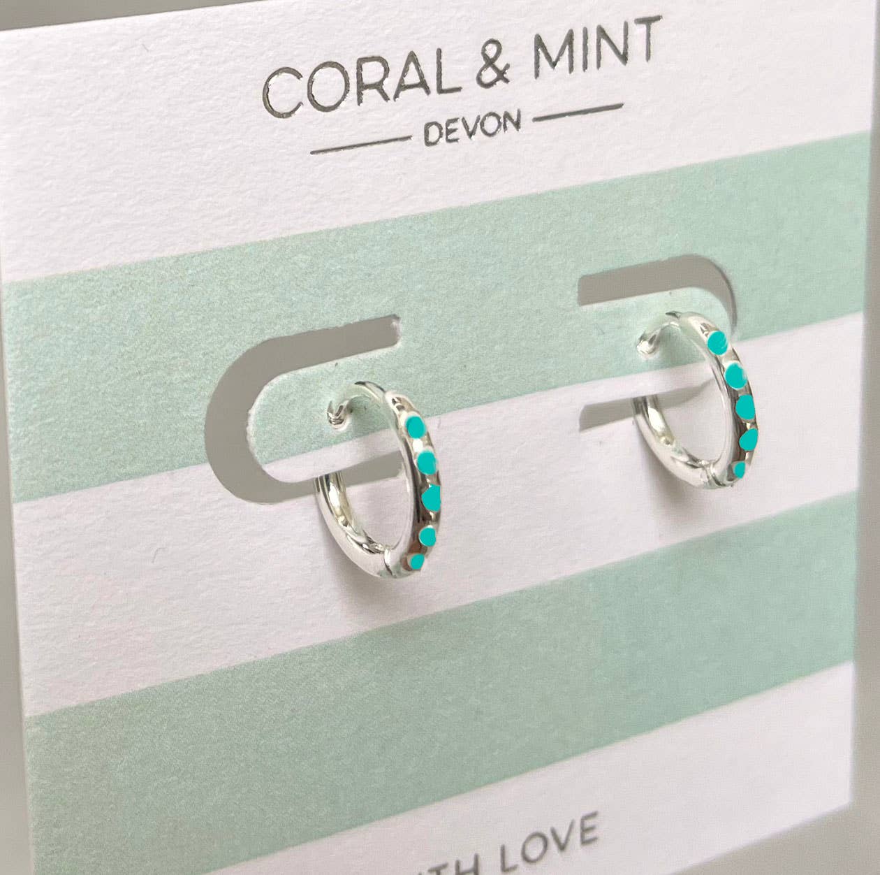 Coral and Mint - Silver plated Huggie earrings with turquoise enamel