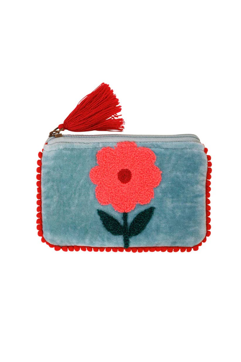 Pink Lemons Ltd - Velvet Single Flower Pouch - Pink & Aqua: Small