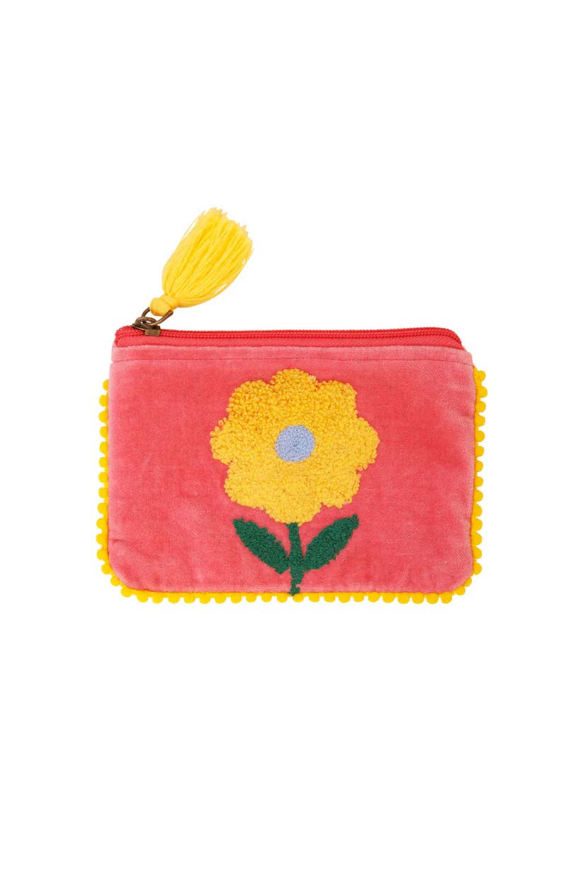 Pink Lemons Ltd - Velvet Single Flower Pouch - Pink & Yellow: Small