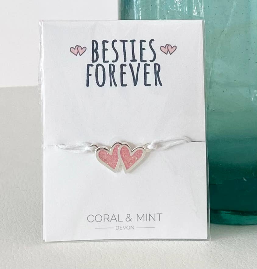 Coral and Mint - 'Besties Forever' Double Heart String Charm Bracelet.