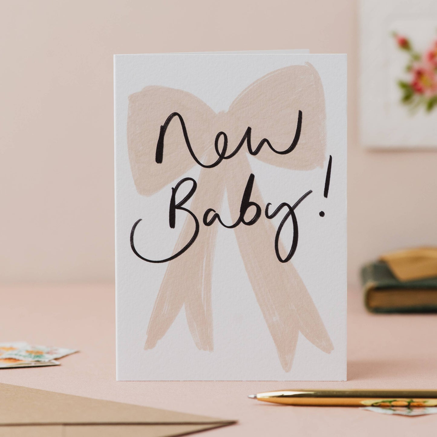 Oh Squirrel - 'New Baby!' Bow Handwriting Baby Card  : Cellophane