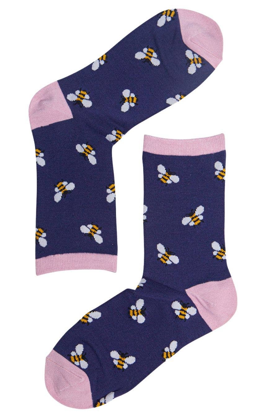 Sock Talk - Womens Bamboo Bee Socks Bumblebees Ankle Socks Navy Blue