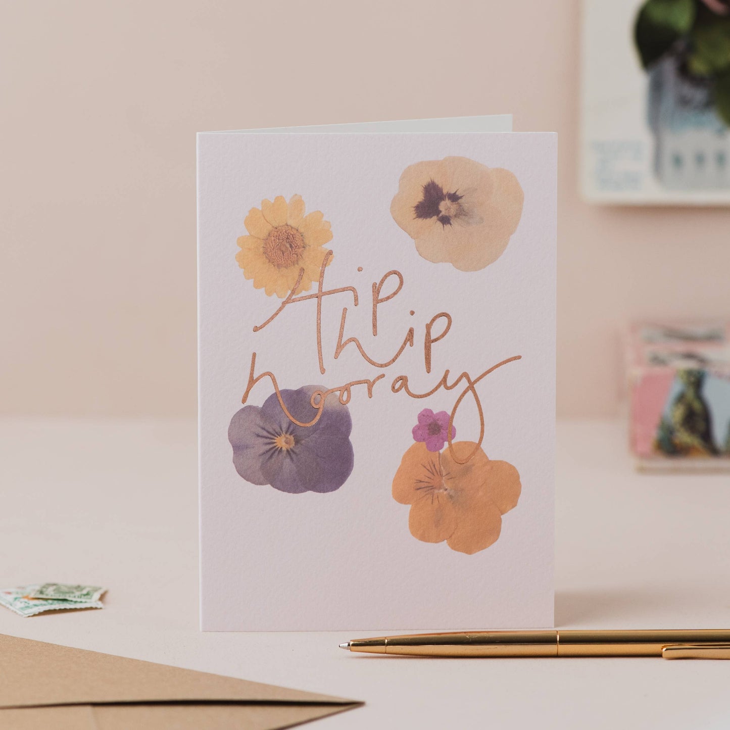Oh Squirrel - 'Hip Hip Hooray' Floral Card with Rose Gold Hand Lettering: Cellophane