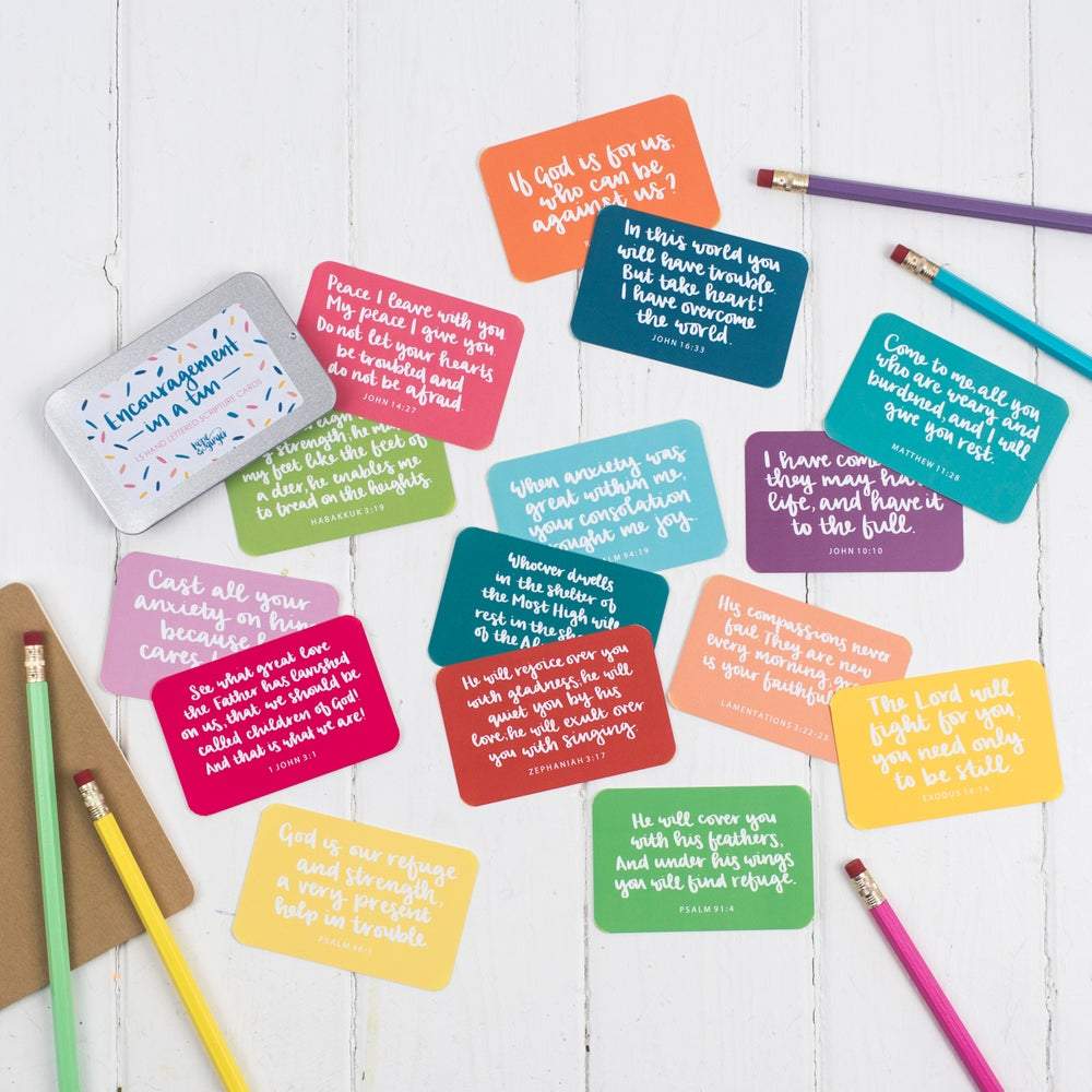 Encouragement in a tin - 15 hand lettered scripture cards