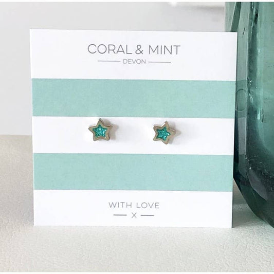 Coral and Mint - Turquoise Enamel Star Studs