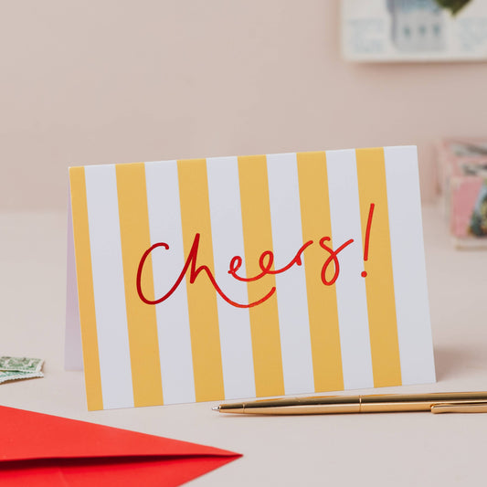 Oh Squirrel - 'Cheers' Yellow Stripe Card with Red Foil Hand Lettering: Naked