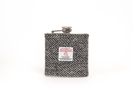 Created By The Ridleys - 6oz Harris Tweed Hip Flask -Black Herringbone  - HT35
