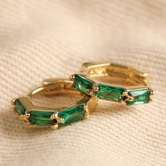 Lisa Angel - Green Baguette Crystal Huggie Hoop Earrings in Gold
