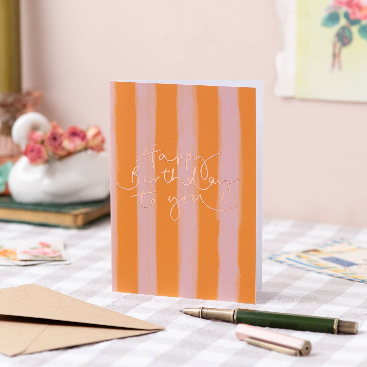 Oh Squirrel - 'Happy Birthday to You' Mustard Stripe + Rose Gold Foil Card: Cellophane