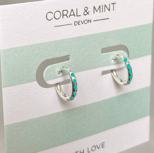 Coral and Mint - Silver plated Huggie earrings with turquoise enamel