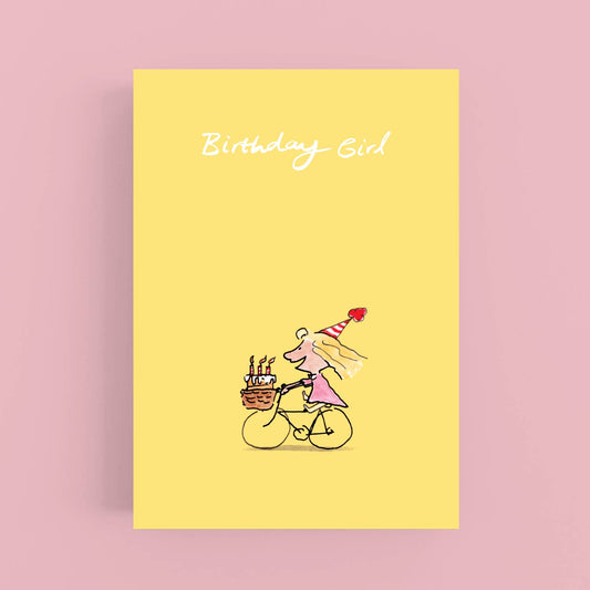 Cardinky - 'Happy Birthday Girl Riding Bike Carrying Cake'-Birthday: Biodegradable Paper belly bands.