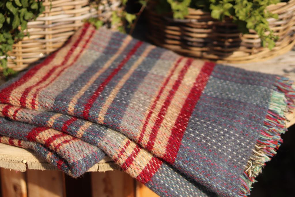 Large recycled wool blanket -Blue, dove grey and rust